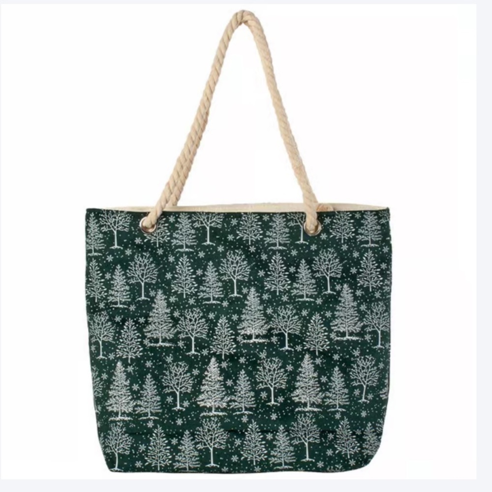 NWT Renshun Sparkly Christmas Tree Print Canvas Tote Bag with Rope Handle